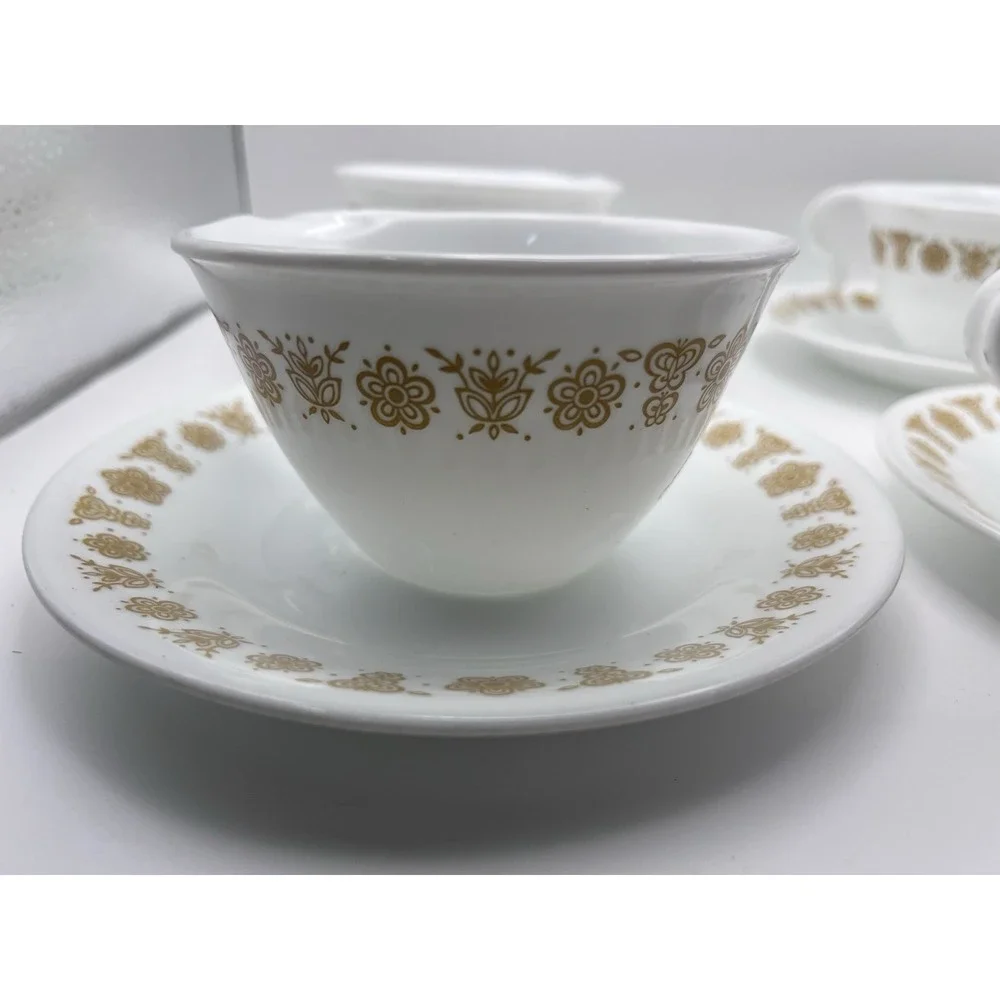 Vintage Corelle Butterfly Gold Teacups Saucers Set 4 Corning Glass White Yellow